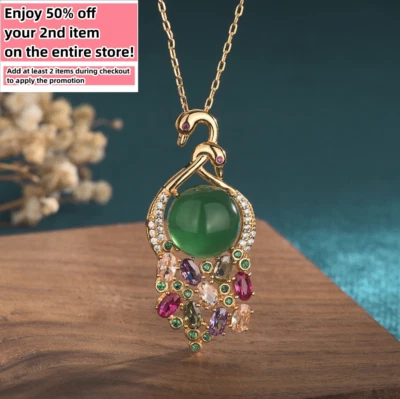 Jade Crystal Pendant Necklace Charm W/ 18K Gold Plated Chain Swan Lover Gemstone - Image 1 of 4