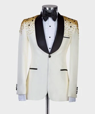 Luxury Men Blazer Jackets Regular Fit Formal Tuxedos Groom Beading Rhinestone - Image 1 of 4