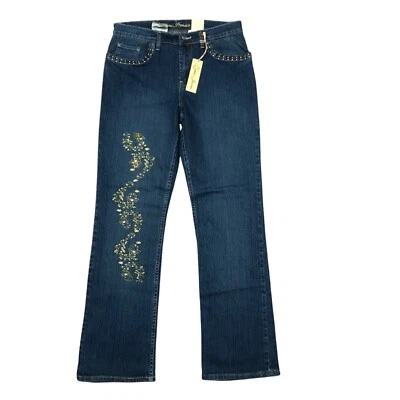 Calça jeans Zena Premium feminina tamanho 8 cravejada bordada azul bootcut NOVA - Imagem 1 de 4