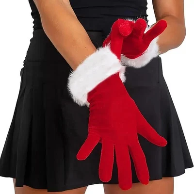 Guantes de Papá Noel de lujo terciopelo rojo con puño de piel blanca accesorio de disfraz de Navidad Foto 1 de 4