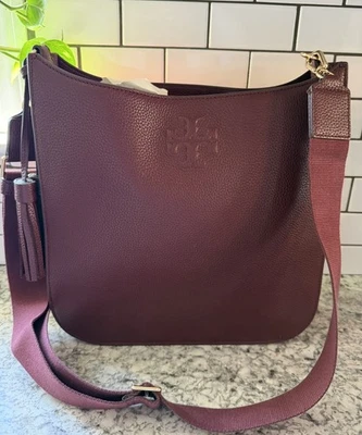 Tory Burch Thea Web Large Crossbody Shoulder Bag Burgundy wine Pebbled Leather - Image 1 of 4