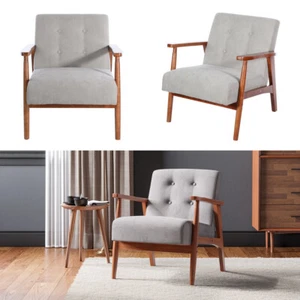 Mid-Century Modern Wooden Frame Armchair Tufted Button Upholstered Accent Chair - Picture 1 of 12