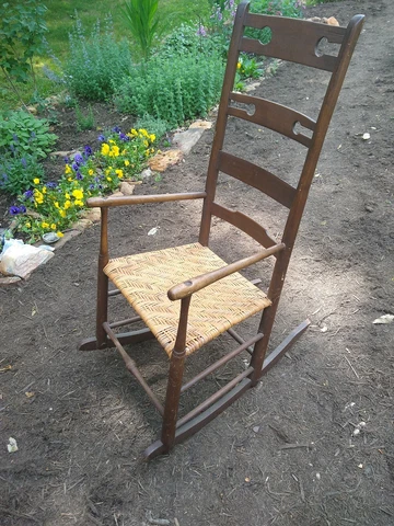 Antique Shaker Ladderback Rocker, Unique Keyhole Design, chips, worn, Cane Seat Cover