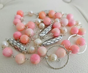 lunga collana in argento 925, calcedonio rosa e perle di acqua dolce - Foto 1 di 5