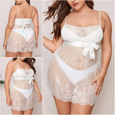 Women Lace Sexy-Lingerie Nightwear Babydoll Sleepwear Bodysuit Dress Plus Size - Image 1 of 4