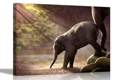 Baby Elephant and Mum Canvas Art Prints for Livingroom Animal Wall Pictures Deco - Image 1 of 4