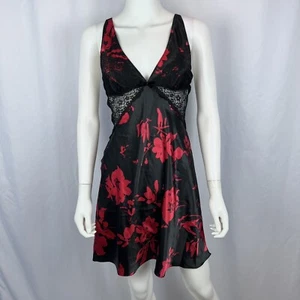 Linea Donatella Small Black Red Floral Lace Satin V-Neck Sleeveless Nightgown - Picture 1 of 7