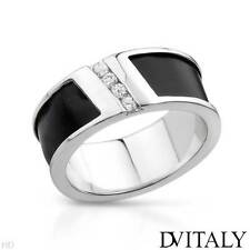 DV ITALY Gentlemens Thick Band Ring W/CZ in Black Leather & 925 Sterling Silver