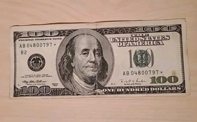 100 Dollar Bill Federal Reserve Star 1996 Note AB 04800797 * - Image 1 of 2