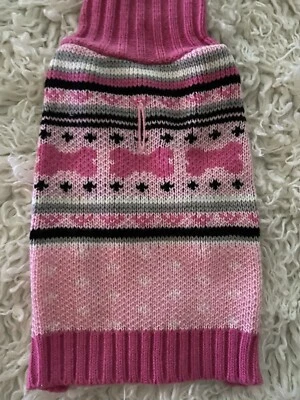 Pink & White Knit Dog Or Cat Sweater | Mock Neck | Sleeveless | XS | Leash Slot - Image 1 of 4