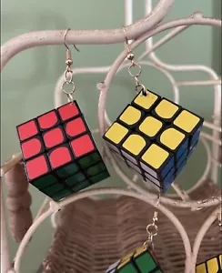 Rubiks Cube Style Earrings Miniature Puzzle Game Can Really Play with! Handmade - Picture 1 of 5
