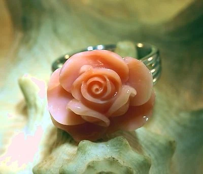 ANILLO FLOR ROSA CORAL ROSA PACÍFICO GRANDE TALLADO A MANO ORO BLANCO 14K SÓLIDO #3 Foto 1 de 4
