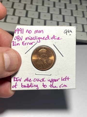 1991 P United States 1 Cent Error Coin - Misaligned Die, Die Crack Cover