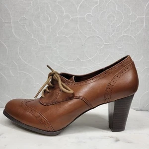 Etienne Aigner E-Quest Heels 8.5 Brown Leather Lace Up Brogue Wingtip Oxford   - Picture 1 of 16