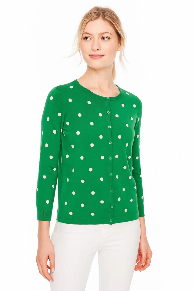 Suéter Cárdigan Verde Kelly Talbots Oprah Magazine S Blanco Lunares Preppy Foto 1 de 4