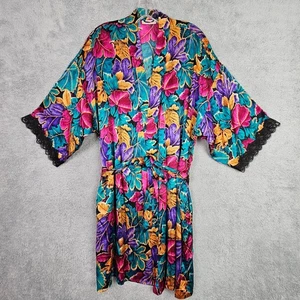 Vintage 90er Damen Seiden Morgenmantel L blau Blätterdruck luxuriös weich Spitze Gürtel Taschen - Bild 1 von 18