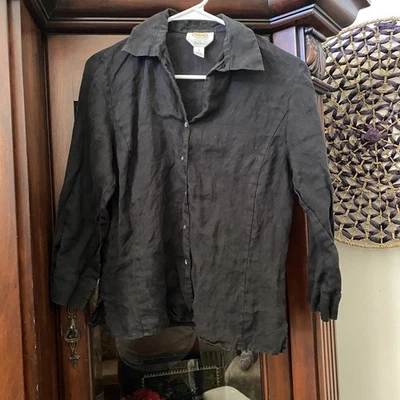 Talbots Black Irish Linen Button Down Shirt 3/4 Sleeves  Women’s Sz 8 - Image 1 of 4