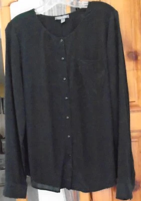 BLUSA Tinley Road Negra Seda Abotonada Bolsillo en el Pecho Manga Larga Sin Cuello L Foto 1 de 2