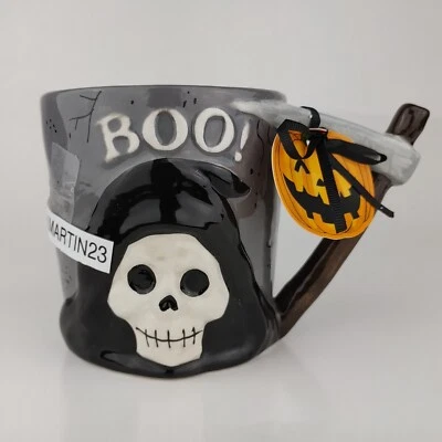 Caneca de cerâmica Blue Sky Halloween café chá ceifador sombrio BOO! Preto branco cinza - Imagem 1 de 4