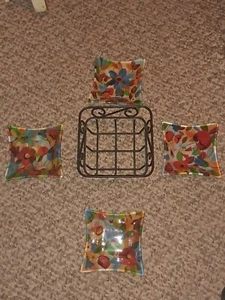 4 Pc Handpainted Square Glass Bowls/w Holder - Picture 1 of 5