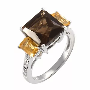 Anello Meher's Jewelry SS quarzo fumé, citrino e zircone 3 pietre preziose rodio bianco - Foto 1 di 5