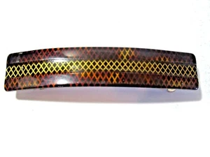 HAIR BARRETTE CLIP FAUX TORTOISE BLACK GOLD TONE HATCH SHAPE DESIGN FRANCE - Picture 1 of 2