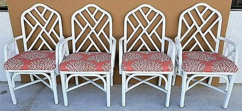 (4) McGuire Style Boho Rattan Dining Armchairs Cover