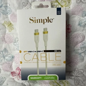 S. Simple (4 stopy) USB-C na USB-C Wytrzymały dzianinowy pleciony kabel - biały/złoty - Zdjęcie 1 z 2