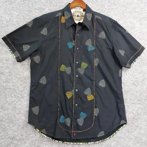 Robert Graham Shirt Mens Large Black Blue Yellow Short Sleeve Embroidered Cotton - Picture 1 of 10