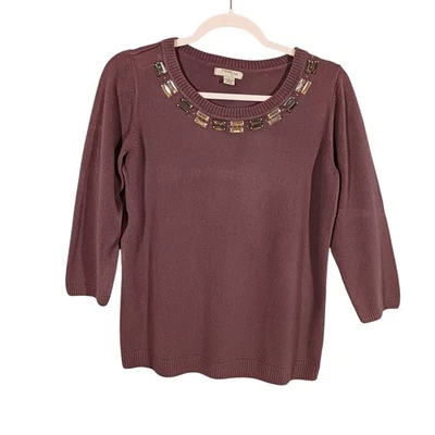 Suéter feminino Mercer Street Studio manga grande 3/4 frisado gola redonda roxo - Imagem 1 de 4