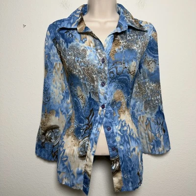 复古 90 年代女式仙女上衣中号蓝色褶皱佩斯利喇叭袖波西米亚西部 — 第 1/4 张图片