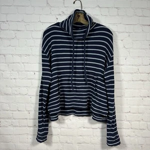 Pullover a Rayas Térmico Waffle Capucha Cuello Mujer Pequeño Azul Canguro Bolsillo - Imagen 1 de 5