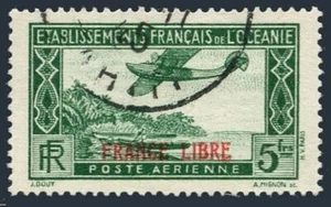 Fr Polynesia C2,used. Michel 158 Oceania. Seaplane Flight, Boat, overprint 1941. - Picture 1 of 1