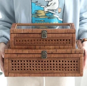 Set Handcrafted Rattan Cane Storage Boxes with Glass Lids Organic Boho Rustic - Picture 1 of 5