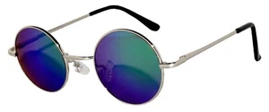 METAL ROUND SUNGLASSES BLUE-GREEN MIRROR LENS 43mm SILVER FRAME ONE PAIR - Picture 1 of 5