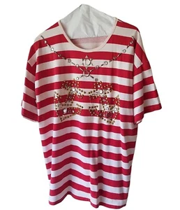 Focus Womens One Size Nautical Top Blouse Red White Stripes Beaded Summer Boat - Picture 1 of 7