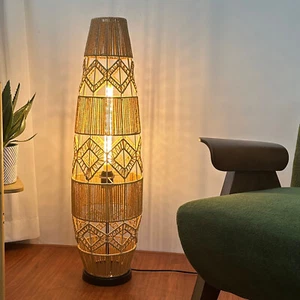 Rustic LED Floor Lamp Hand-Woven Rattan Night Light 3 Color Changing Foot Switch - Picture 1 of 20