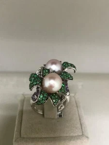 Cultured Pearl Emerald Amethyst Gemstone and Ruby You and Me 925 SS Wedding Ring - Picture 1 of 5