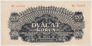 CZECHOSLOVAKIA P47a. 20 KORUN 1944. XF+. Series HX. Russian Printing Note - Picture 1 of 2