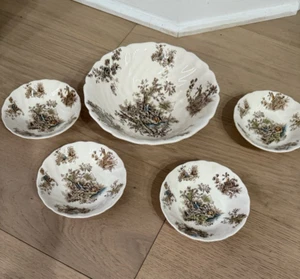 PASTORALE Toile de Jouy by JOHNSON BROS Brown Tan FRUIT SALAD Bowl 5 PCS SET - Picture 1 of 7
