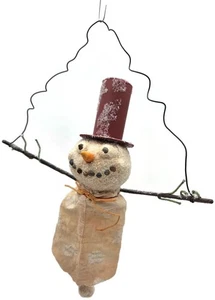 Rucus Studios Scott Smith Snowman Ornament 2001 Handmade Folk Art wtih Red Hat - Picture 1 of 11