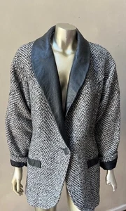 Tweed Wool Retro Leather Lined Vintage 90s Collar Dolman Blazer Jacket Coat L - Picture 1 of 8