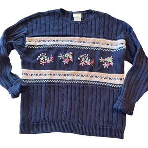 Cottage Essentials Pullover bestickt Blumen blau Ramie Baumwolle XLarge Vintage - Bild 1 von 6
