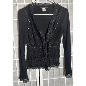 Vintage Black Sequin and Lace Wool/cotton cardigan size small whimsygoth fairy - Picture 1 of 8