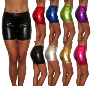 WOMENS WET LOOK ULTRASHINE SHORTS HOT PANTS DANCE UK SIZE 6 8 10 12 14 16 18 - Picture 1 of 13