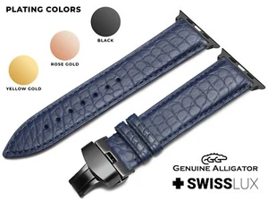 Alligator Crocodile For APPLE WATCH 4 5 6 7 8 9 BLUE Leather Strap Band Clasp - Picture 1 of 9