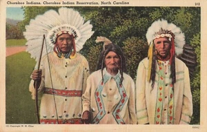 Cherokee Reservation Indianer Kopfschmuck NC Vintage Leinen Postkarte - Bild 1 von 2