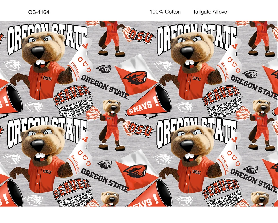 Oregon State Beavers OSU Cotton Fabric w Mascots on Heather Ground-By the Yard - Image 1 of 1