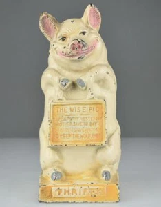 HUBLEY J.M.R. CAST IRON "THRIFTY" THE WISE PIG STILL PIGGY BANK c1930's - 6 1/2" - Picture 1 of 6