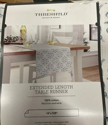 ⚡️Threshold Extended Length Table Runner Blue White Tassels 14” X 108” - Image 1 of 2